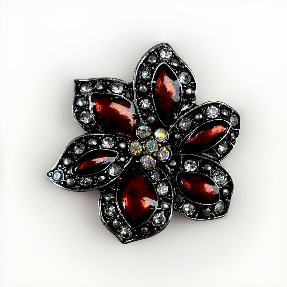 Kenneth Cole Vintage Red Enamel Christmas Flower Brooch Silver Tone 2.25”